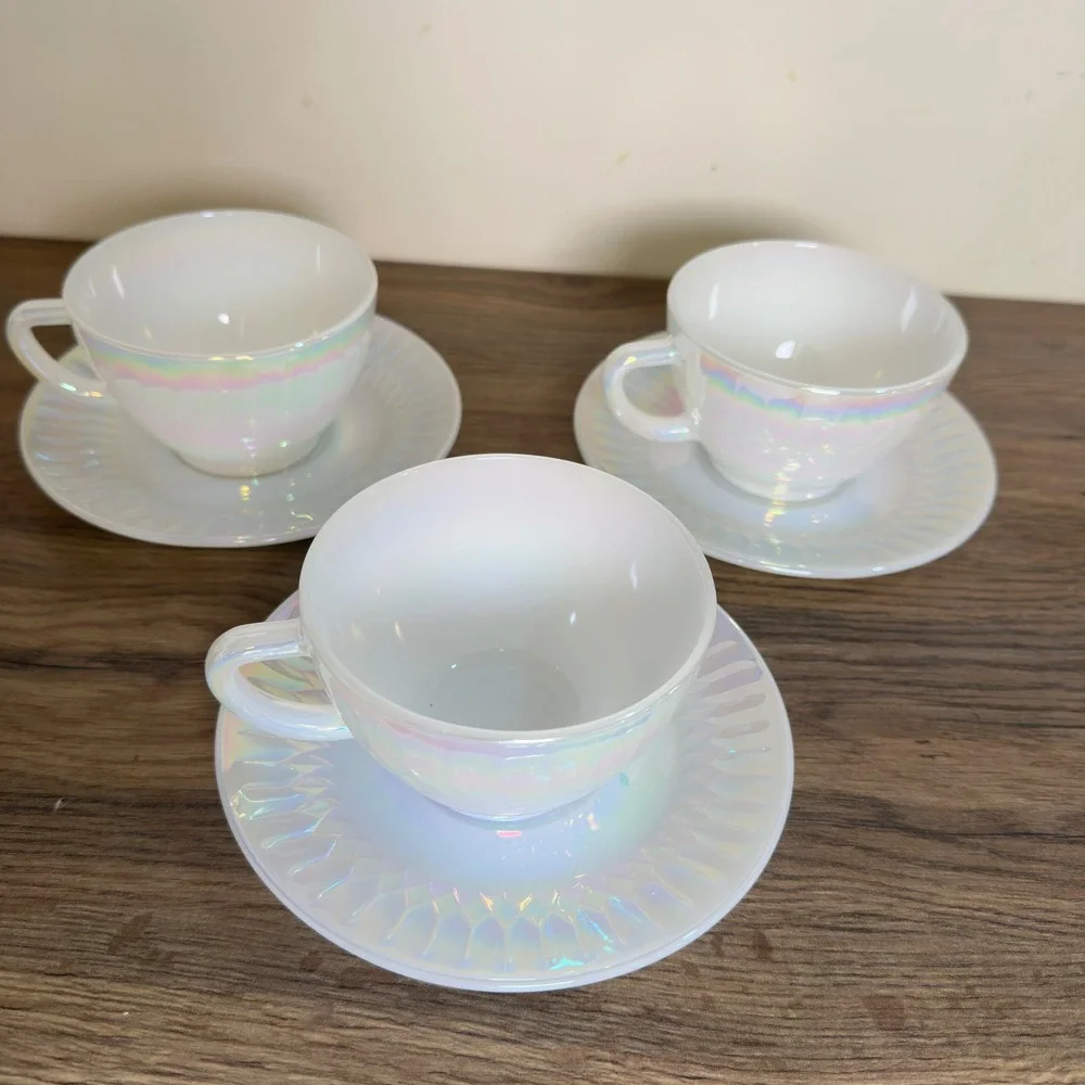 Federal Glass Moonglow Iridescent Tea Cup Saucer Set Vintage 1960s Lustre 6pc